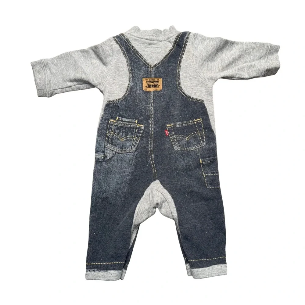 Levi's Romper Baby‎ 3-6M Gray Blue Excellent Faux Denim Overalls Fleece Coverall